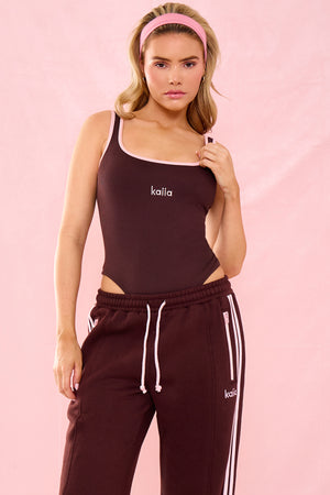 Kaiia Logo Contrast Trim Bodysuit Chocolate & Pink