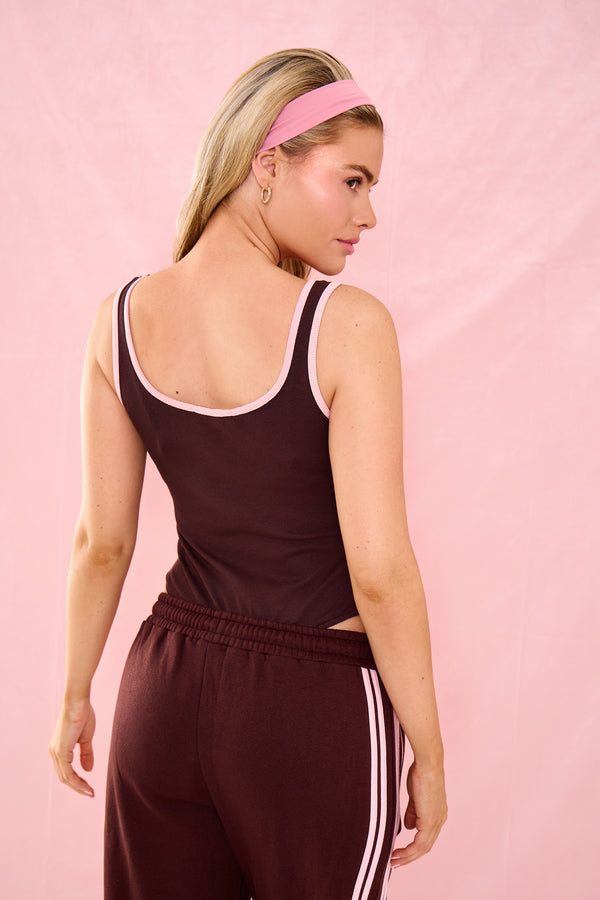 Kaiia Logo Contrast Trim Bodysuit Chocolate & Pink