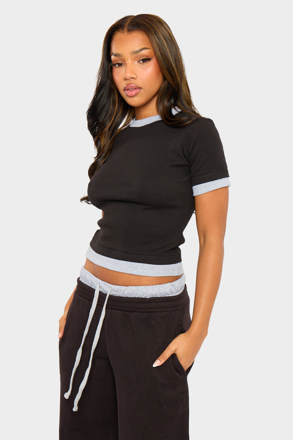 Kaiia Ribbed Double Layered Baby Tee Black & Grey Marl