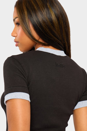 Kaiia Ribbed Double Layered Baby Tee Black & Grey Marl