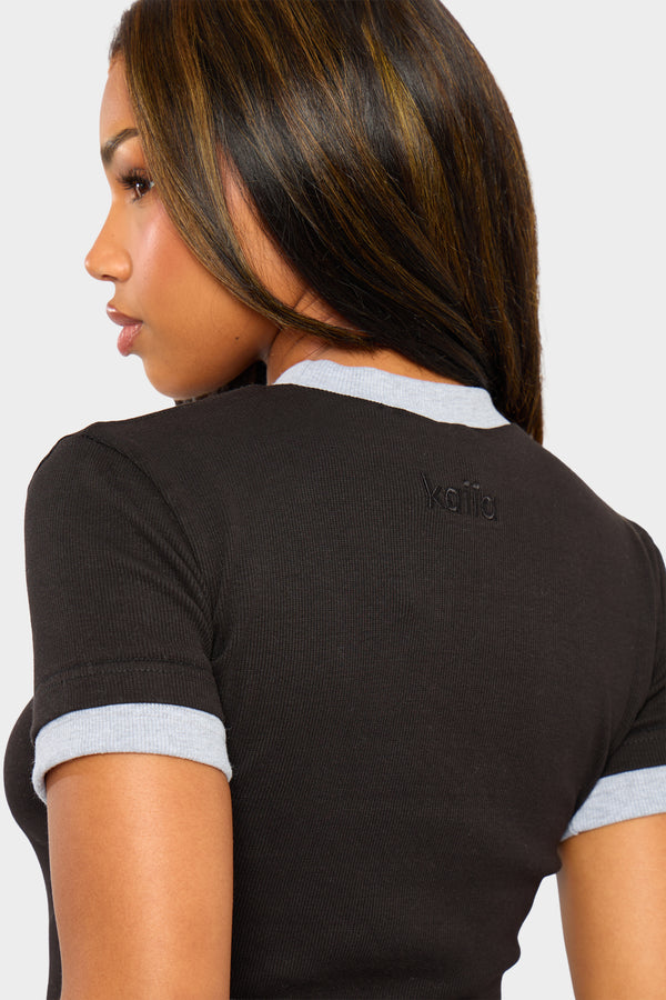 Kaiia Ribbed Double Layered Baby Tee Black & Grey Marl