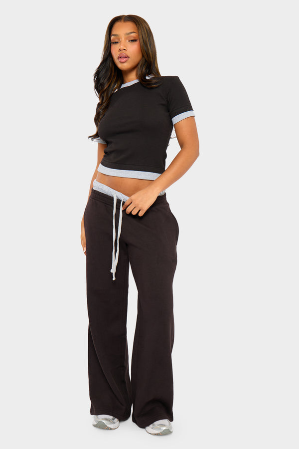 Kaiia Ribbed Double Layered Baby Tee Black & Grey Marl