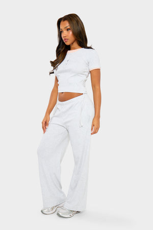 Kaiia Ribbed Double Layered Ruched Top Light Grey Marl & Pink