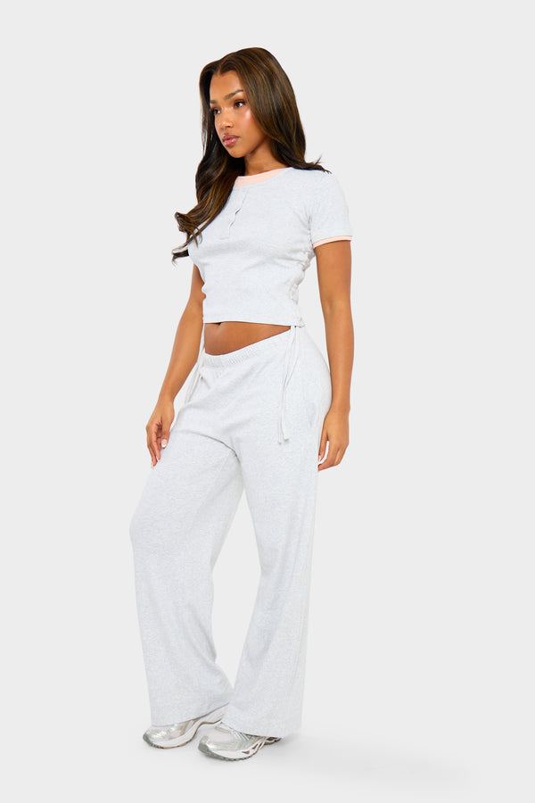 Kaiia Ribbed Double Layered Ruched Top Light Grey Marl & Pink