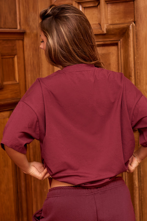 Kaiia Embossed Logo Oversized T-shirt Dark Cherry