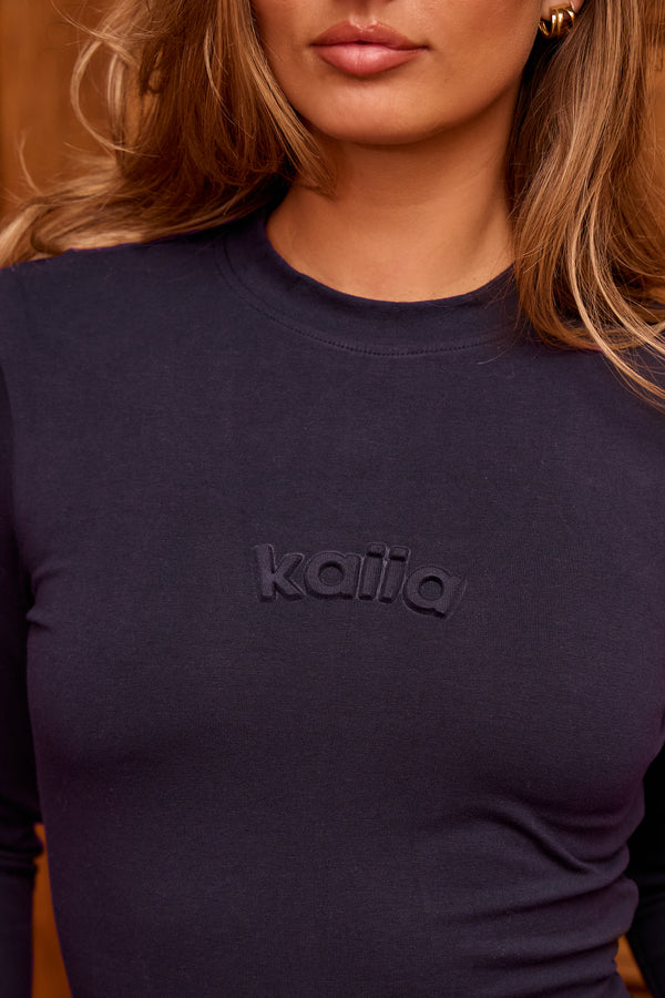 Kaiia Embossed Logo Long Sleeve Baby Tee Navy