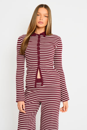 Kaiia Stripe Ribbed Button Down Top Dark Cherry & Cream
