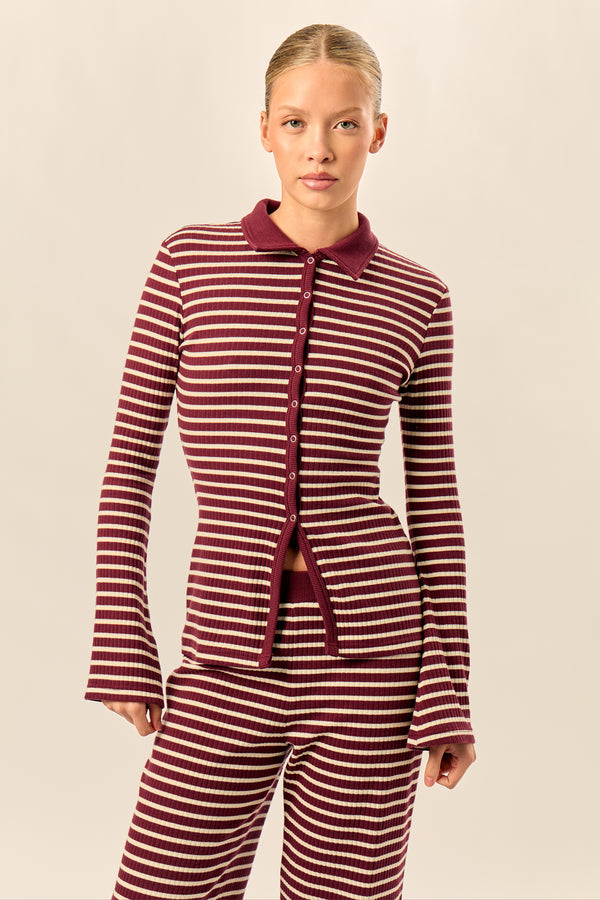 Kaiia Stripe Ribbed Button Down Top Dark Cherry & Cream