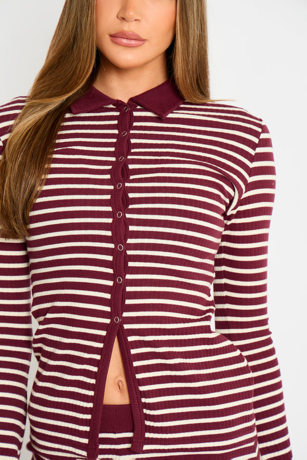 Kaiia Stripe Ribbed Button Down Top Dark Cherry & Cream