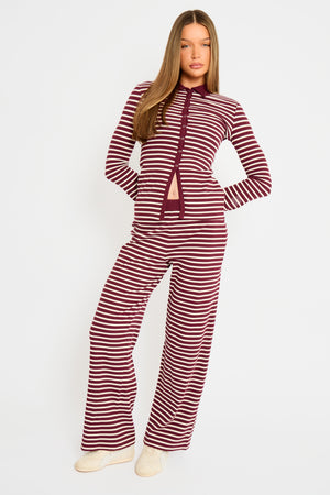Kaiia Stripe Ribbed Button Down Top Dark Cherry & Cream