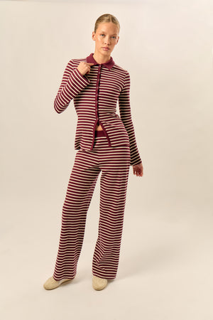 Kaiia Stripe Ribbed Button Down Top Dark Cherry & Cream