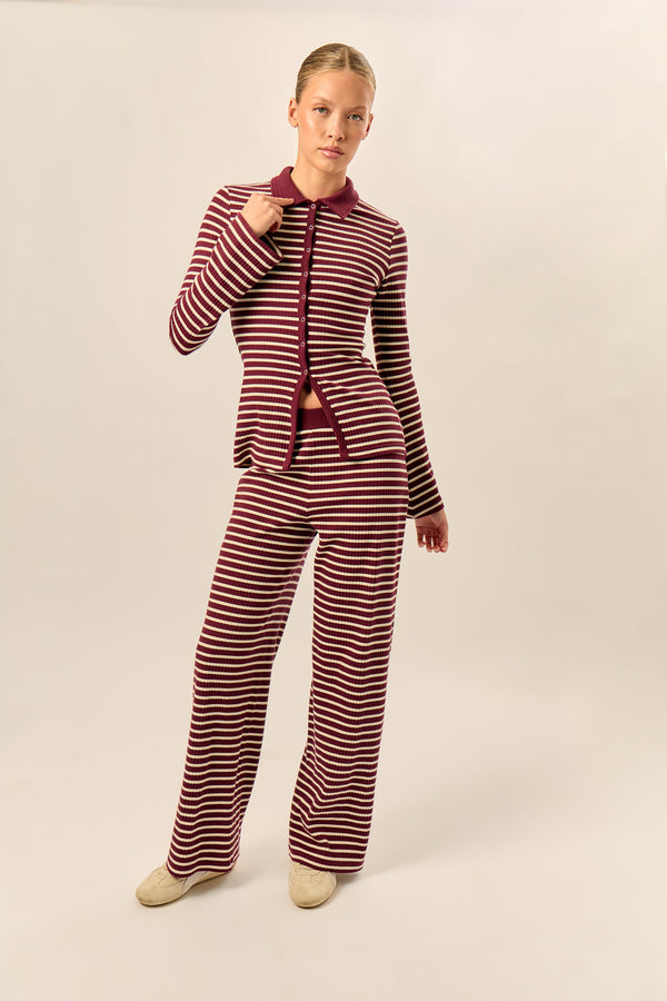 Kaiia Stripe Ribbed Button Down Top Dark Cherry & Cream