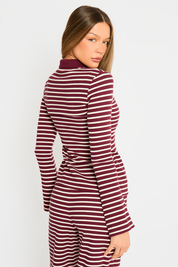 Kaiia Stripe Ribbed Button Down Top Dark Cherry & Cream