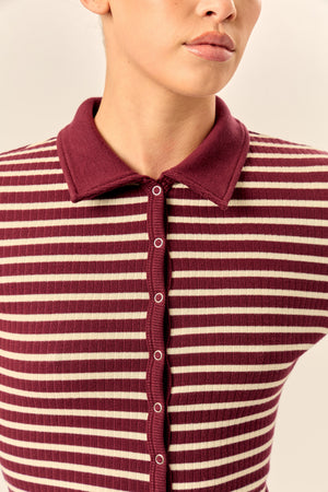 Kaiia Stripe Ribbed Button Down Top Dark Cherry & Cream