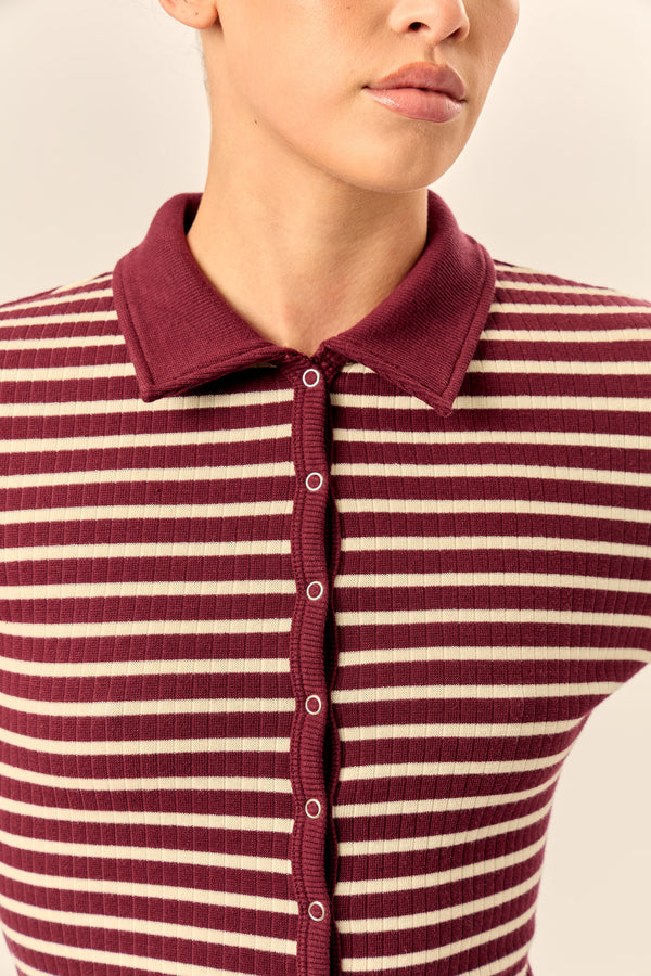 Kaiia Stripe Ribbed Button Down Top Dark Cherry & Cream
