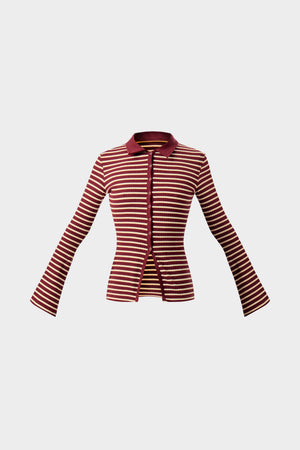 Kaiia Stripe Ribbed Button Down Top Dark Cherry & Cream