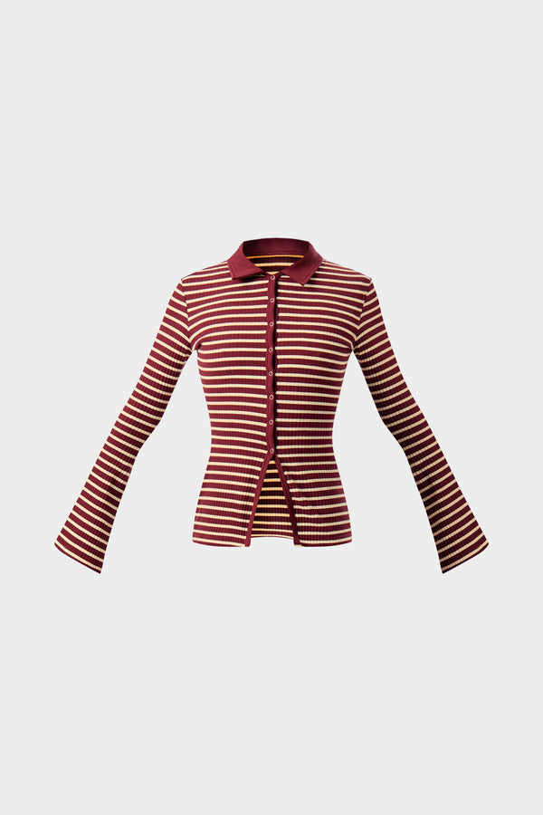 Kaiia Stripe Ribbed Button Down Top Dark Cherry & Cream
