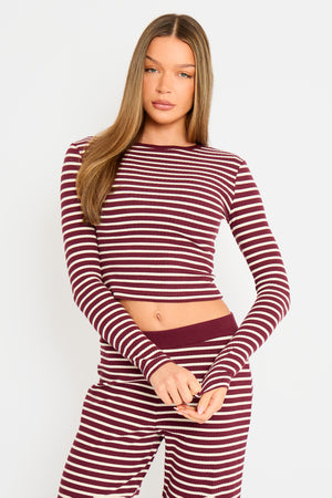 Kaiia Striped Rib Fitted Long Sleeve Baby Tee Dark Cherry & Cream