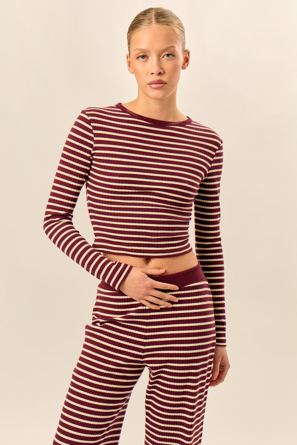 Kaiia Striped Rib Fitted Long Sleeve Baby Tee Dark Cherry & Cream