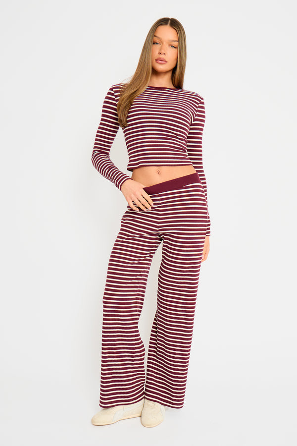 Kaiia Striped Rib Fitted Long Sleeve Baby Tee Dark Cherry & Cream
