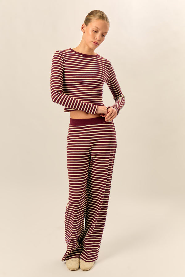 Kaiia Striped Rib Fitted Long Sleeve Baby Tee Dark Cherry & Cream