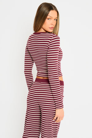 Kaiia Striped Rib Fitted Long Sleeve Baby Tee Dark Cherry & Cream