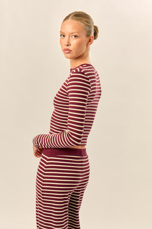 Kaiia Striped Rib Fitted Long Sleeve Baby Tee Dark Cherry & Cream