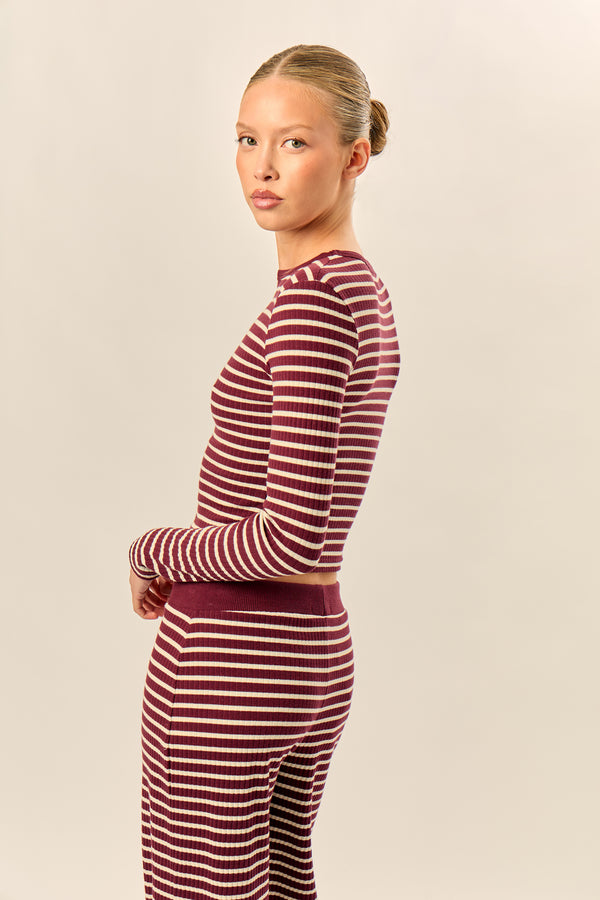 Kaiia Striped Rib Fitted Long Sleeve Baby Tee Dark Cherry & Cream