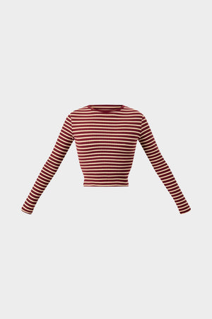 Kaiia Striped Rib Fitted Long Sleeve Baby Tee Dark Cherry & Cream