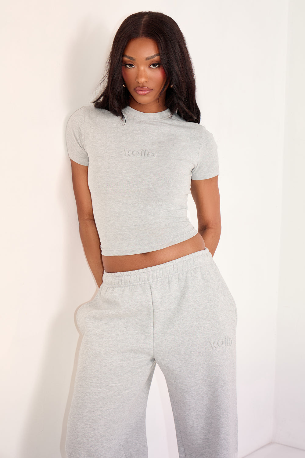 Kaiia Embossed Logo Baby Tee Mid Grey Marl