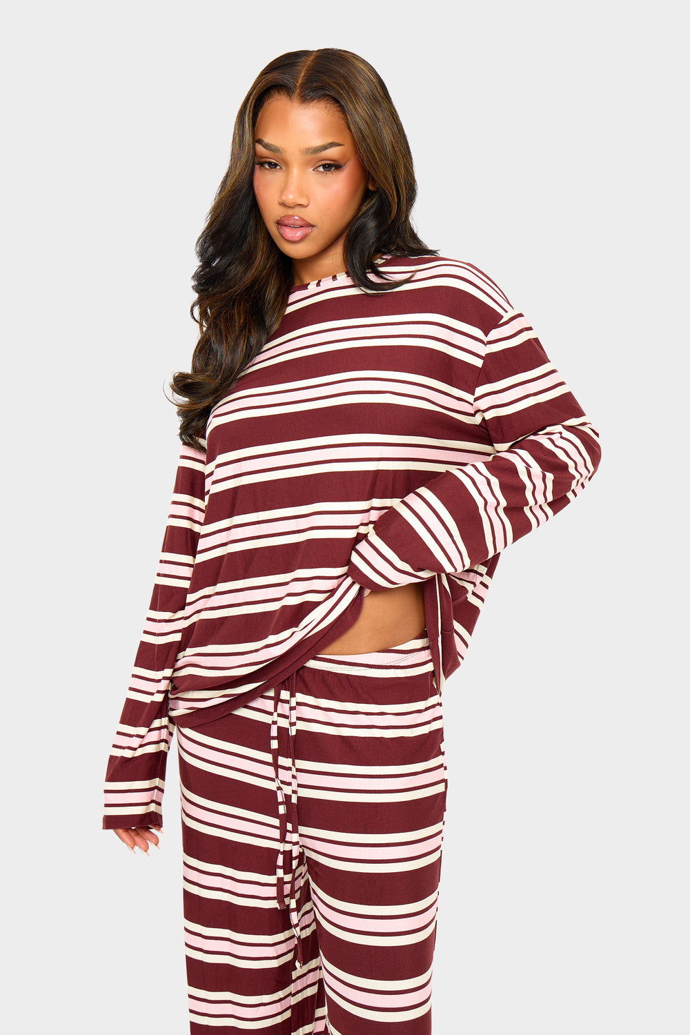 Kaiia Striped Oversized Long Sleeve T-shirt Burgundy & Pink