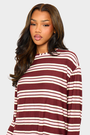 Kaiia Striped Oversized Long Sleeve T-shirt Burgundy & Pink