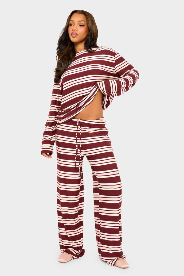 Kaiia Striped Oversized Long Sleeve T-shirt Burgundy & Pink