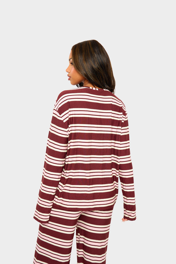 Kaiia Striped Oversized Long Sleeve T-shirt Burgundy & Pink