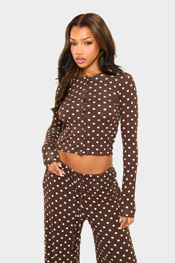 Kaiia Polka Dot Button Up Long Sleeve Crop Top Brown & Cream
