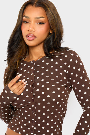 Kaiia Polka Dot Button Up Long Sleeve Crop Top Brown & Cream