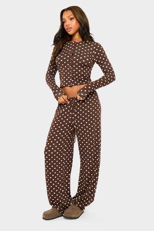Kaiia Polka Dot Button Up Long Sleeve Crop Top Brown & Cream