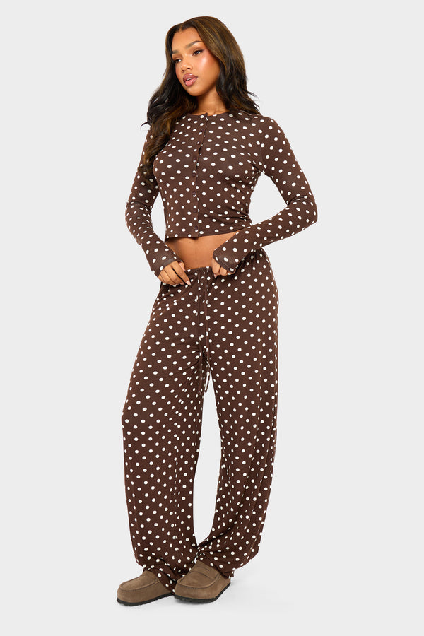 Kaiia Polka Dot Button Up Long Sleeve Crop Top Brown & Cream