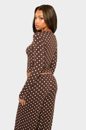 Kaiia Polka Dot Button Up Long Sleeve Crop Top Brown & Cream