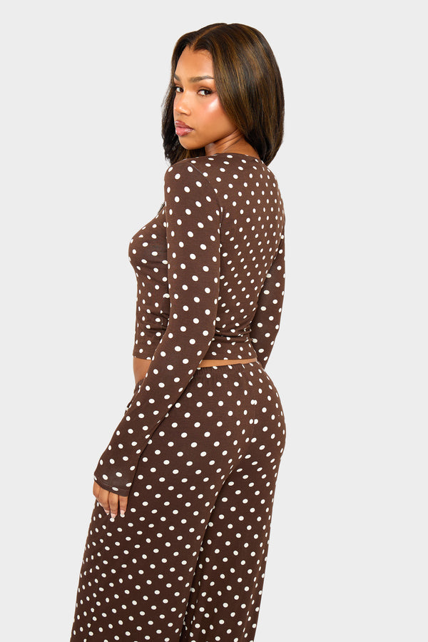 Kaiia Polka Dot Button Up Long Sleeve Crop Top Brown & Cream