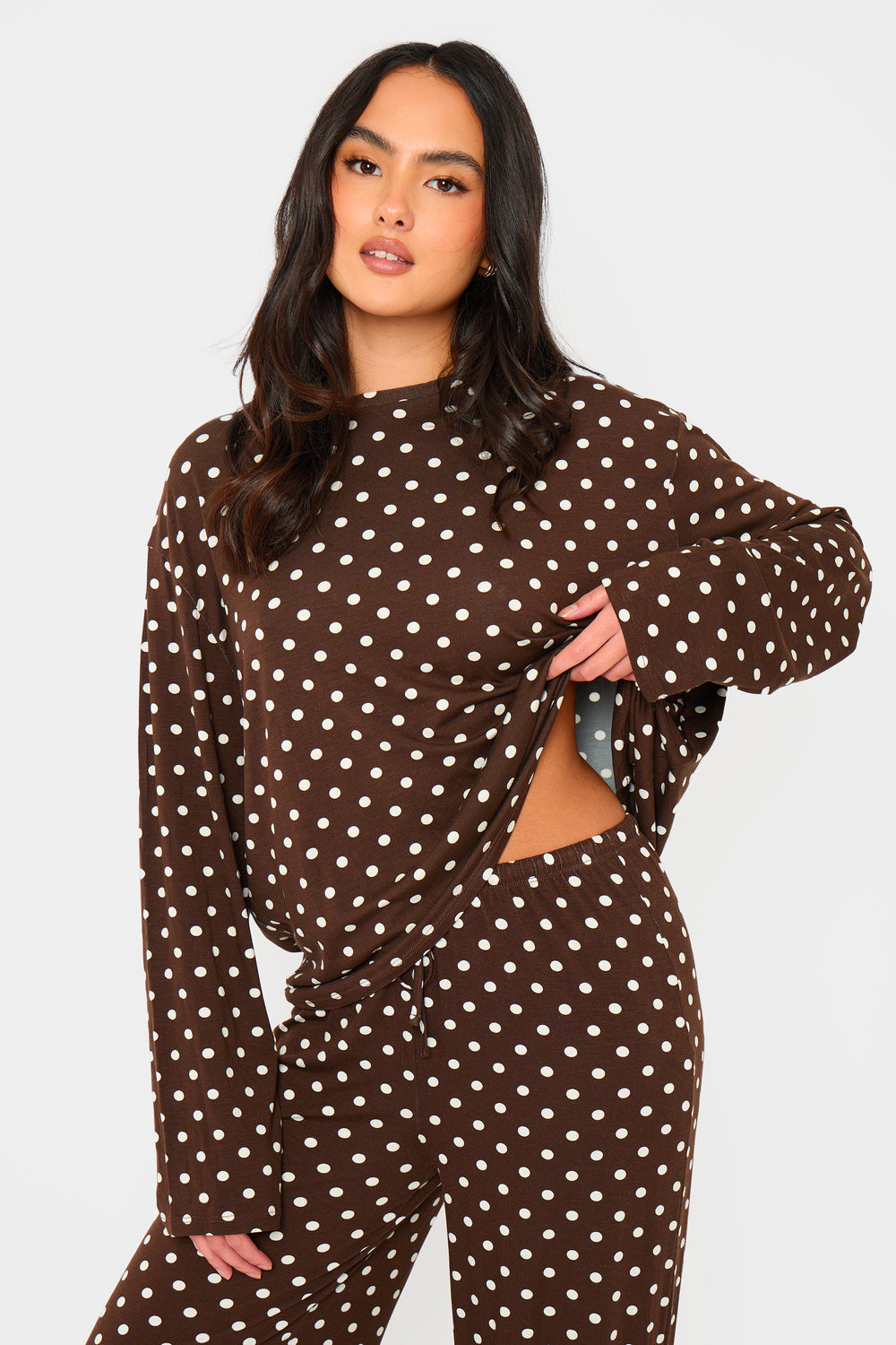 Kaiia Polka Dot Oversized Long Sleeve T-shirt Brown & Cream