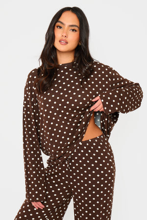 Kaiia Polka Dot Oversized Long Sleeve T-shirt Brown & Cream