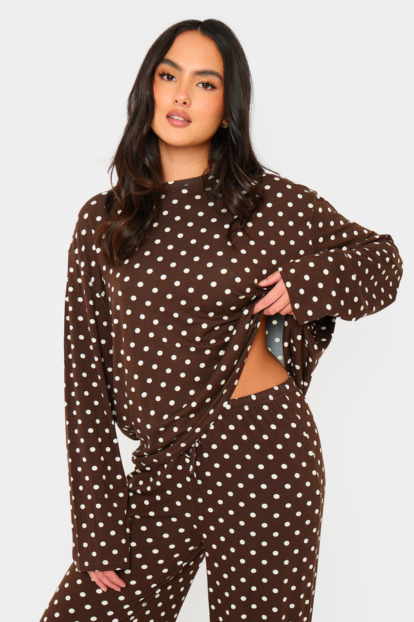 Kaiia Polka Dot Oversized Long Sleeve T-shirt Brown & Cream