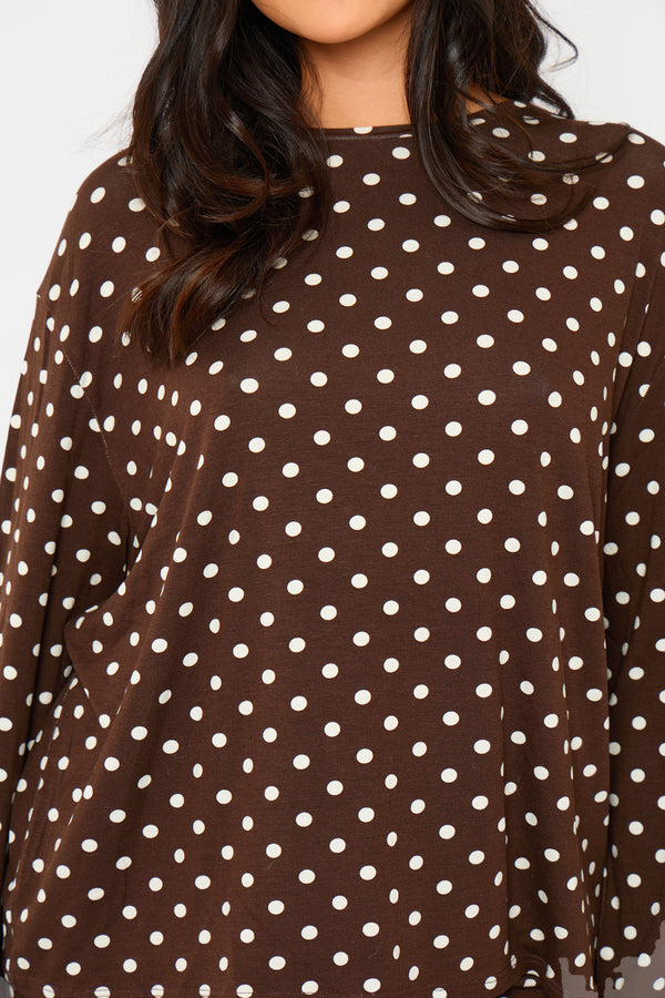 Kaiia Polka Dot Oversized Long Sleeve T-shirt Brown & Cream