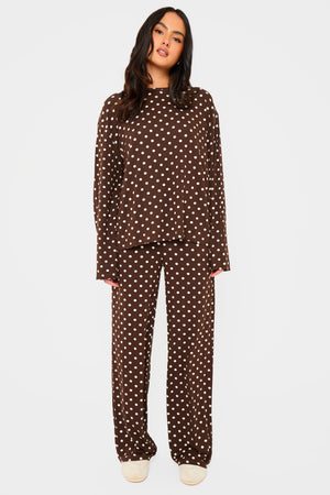 Kaiia Polka Dot Oversized Long Sleeve T-shirt Brown & Cream