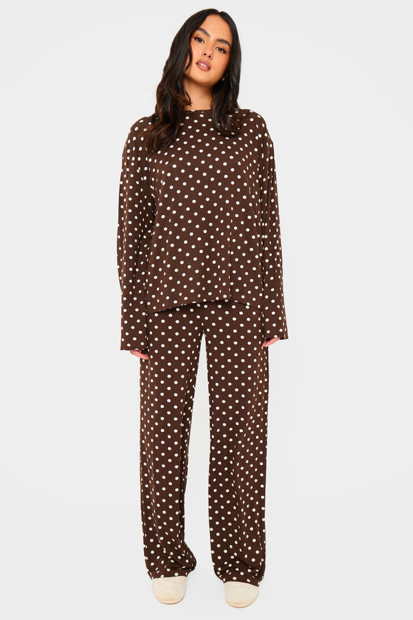Kaiia Polka Dot Oversized Long Sleeve T-shirt Brown & Cream
