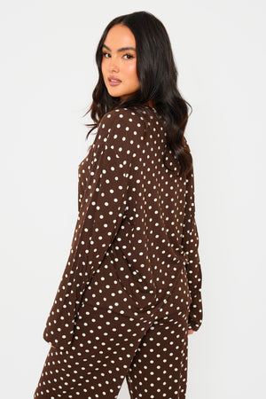 Kaiia Polka Dot Oversized Long Sleeve T-shirt Brown & Cream