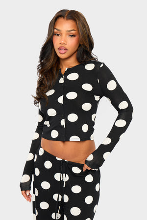 Kaiia Large Polka Dot Button Up Long Sleeve Crop Top Black & Cream