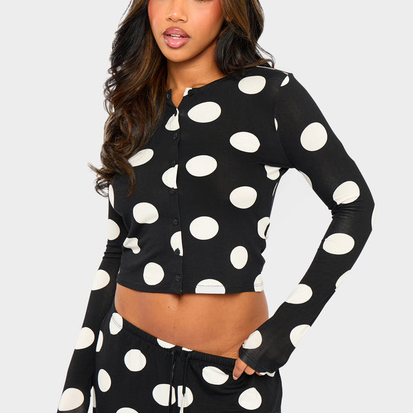 Kaiia Large Polka Dot Long Sleeve Top Black & Cream | Kaiia