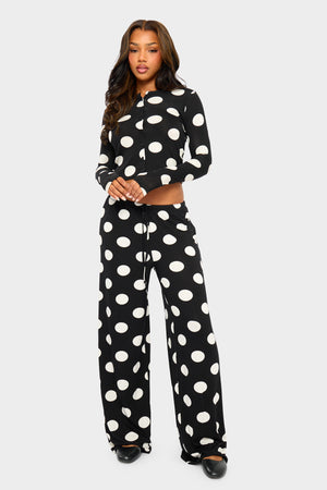 Kaiia Large Polka Dot Button Up Long Sleeve Crop Top Black & Cream